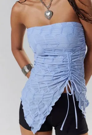 Urban Outfitters Light Blue Strapless Ruched Drawstring Women's Top size large thumbnail 1