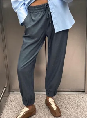 Zara Light Gray Elastic Waist Drawstring Pants thumbnail 1