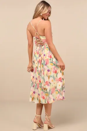 Lulus Aleyna Yellow Abstract Pleated Lace-Up Bustier Midi Dress thumbnail 3