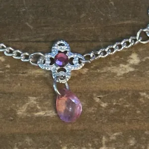 Silver tone flower link pink dangles anklet thumbnail 4