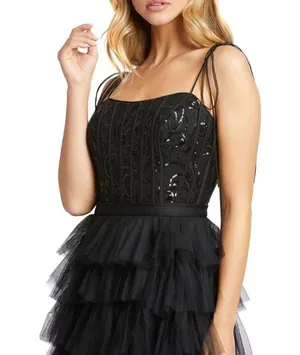 MAC DUGGAL Sequin Bustier Tier Tulle Gown in Black Size US 6 thumbnail 2