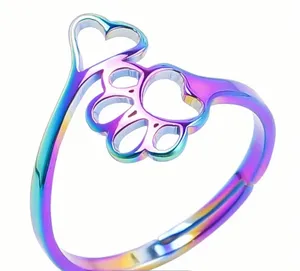 Women’s Stainless Steel Multicolor Dog & Heart Adjustable Ring Size 6-9 thumbnail 1