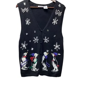 Capacity sweater vest. Winter Penguin scene. Size Medium Black thumbnail 2