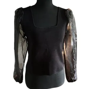 House of Harlow 1960 Black Sheer Sleeve Top Square Neck Knit M thumbnail 2