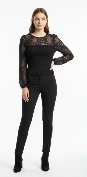 Lulus Long Sleeve‎ Top Women Black Lace Ribbed Knit Elegant Chic Size M thumbnail 1