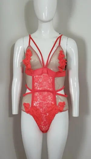French Affair Lace Mesh Bodysuit Teddy Lingerie Floral Cutout Strappy 1X NWT thumbnail 1