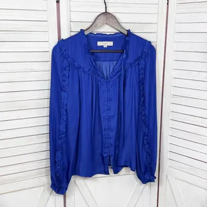 Loft Ruffle Trim Tie Neck Button Up‎ Blouse Long Sleeve Lapis Blue Small thumbnail 8
