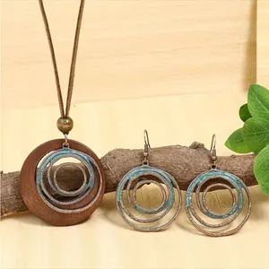 Boho Vintage Style Necklace/Earrings‎ Set Hollow Spiral Design Zinc Alloy Wood thumbnail 3
