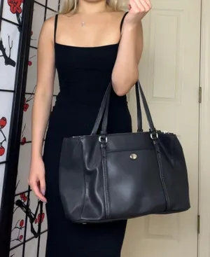 Coach | Vintage Black Peyton Leather Jordan Double-Zip Carryall Tote Purse Bag thumbnail 1