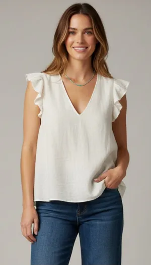 NWT Cotton Gauze V-Neck Ruffle Sleeve Blouse thumbnail 1