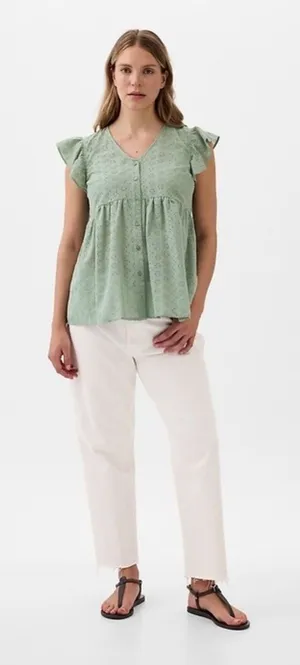 Gap Sage Green Cotton Eyelet Flutter Sleeve Button-Front Maternity Top L Spring thumbnail 1