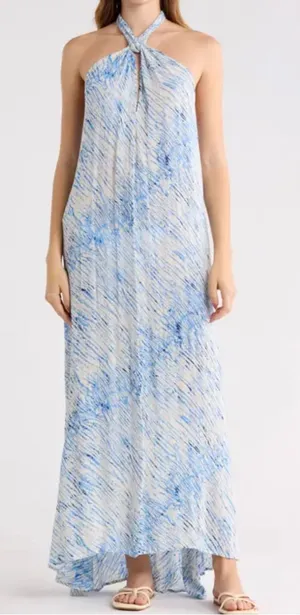 ELAN Stripe Halter Maxi Dress - Blue Sahara, Large, NWOT thumbnail 1