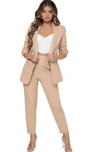 SweatyRocks NEW Tan 2 Pc Ruched Sleeve Blazer & Pant Career Suit Set M thumbnail 1