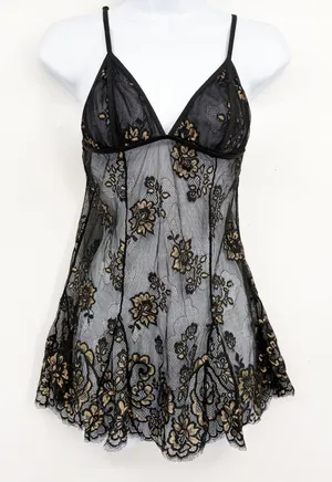 Fredericks of Hollywood Womens Black Gold Floral Lace Whimsigoth Babydoll Slip M thumbnail 1