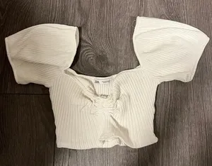 Zara Crop Top Womens Small White Ruched Puff Sleeve V-Neck Cotton Blend Ladies thumbnail 1