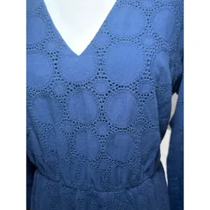 J.Crew‎ Navy Blue Eyelet Cotton Mini Dress 12 V-Neck Long Sleeve Lined Scallop thumbnail 3