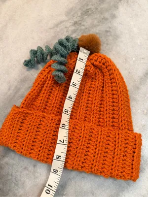 Handmade Crochet Pumpkin Beanie Orange Ribbed Hat Green Vine Pom Pom Fall thumbnail 4