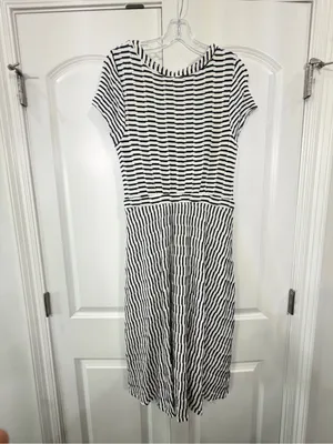 Anthropologie Black & White Striped Faux Wrap Midi Dress thumbnail 4