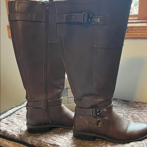 Women's Tall Brown Buckle Riding Boots with Side Zip thumbnail 1