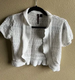 White Crotchet Cottagecore boho cropped cardigan open‎ size medium y2k thumbnail 1