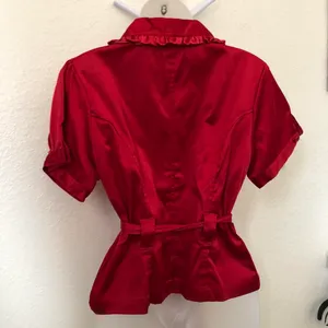 2000s Y2K Romantic Red ruffle button up fitted blazer blouse shirt belted waist short sleeve #whimsygoth #coquette Size L- Measurement in pics thumbnail 3