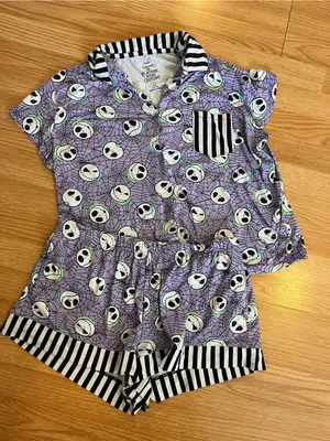 Disney Purple Skull-Print Kids Pajama Set with Black & White Stripe Trim thumbnail 1