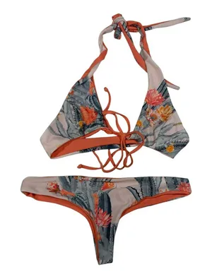 Amazon Womens Tropical Cactus Floral Print Halter String Bikini sz Small thumbnail 1