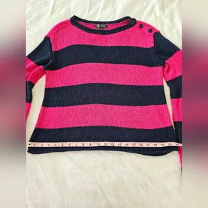 Lauren Ralph Lauren Pink & Navy Striped Button Shoulder Sweater – Size M thumbnail 7