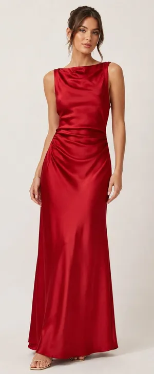 Zara Red Satin Maxi Dress XS Draped Neck Ruched Waist Sleeveless Evening Gown thumbnail 1