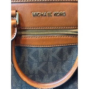 Michael Kors Signature Logo Satchel Brown Leather Trim Crossbody Bag thumbnail 2