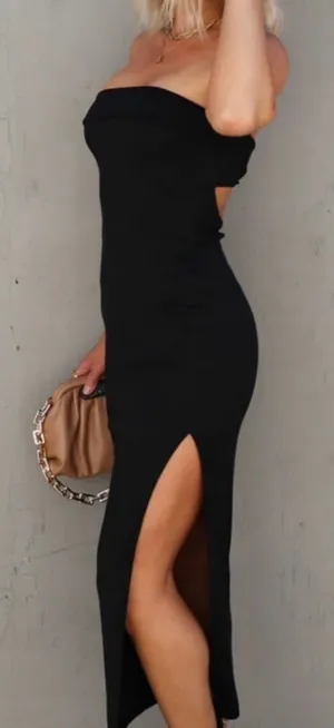 Vici Celeste Ribbed Cut-Out Strapless Midi Dress - Black thumbnail 1