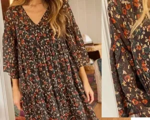 Natural Life Dress Size Small Brown Midi Floral V Neck Bell Sleeve Tiered Boho thumbnail 1