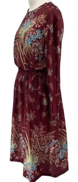 Vintage 70s Floral Print Matching Skirt Set Button Neck Tunic Midi Maroon Small thumbnail 2