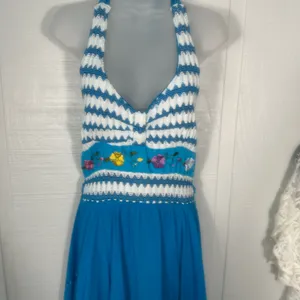 Blue and White Crochet Bodice Halter Top Sundress No Size EUC thumbnail 4
