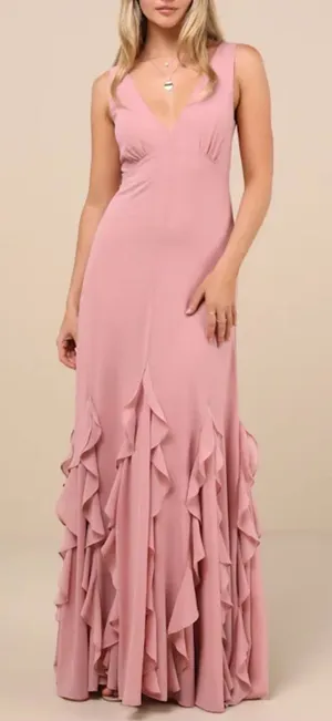 NWT Lulus Women’s Alorna Rose Pink Sleeveless Ruffled V-neck Maxi Dress Size L thumbnail 1