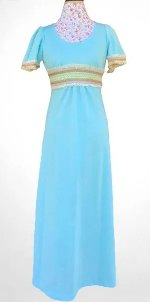 Allegro NY Vintage 70's Dress Light Sky Blue Empire Waist Maxi Crochet Detail Si thumbnail 1
