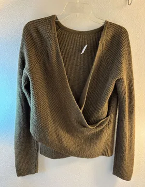 Aerie AEO Olive Green Ribbed Wrap Front Surplice Sweater Small 4170619104 Y2K thumbnail 1