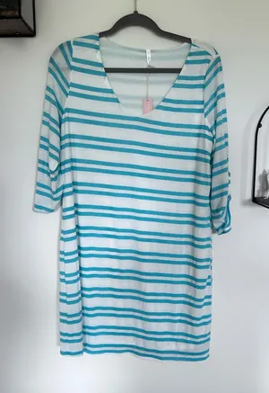 NWT PinkBlush Teal & White Striped Long Sleeve Maternity Mini Dress Size Large thumbnail 1