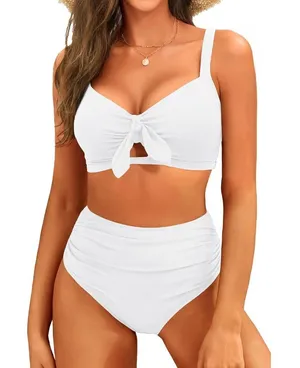 Tempt Me Two Piece LARGE White Swimsuit High Waisted Bikini Ruched Swimwear thumbnail 1