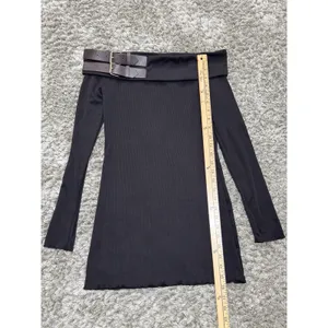 Y2K Black Off Shoulder Sweater Mini Dress Buckle Ribbed Knit Goth Grunge M thumbnail 8