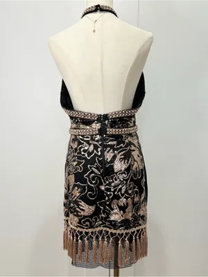12th Tribe Like Gold Dust Fringe Mini Dress Large Black Sequin Festival Western thumbnail 7