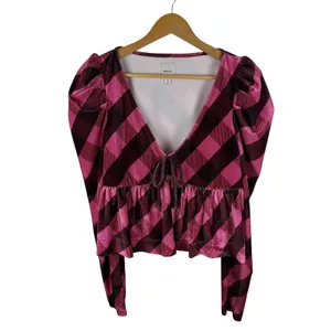 Maeve Anthropologie Pink Plaid Velvet Babydoll Top Medium‎ Coquette Academia thumbnail 2