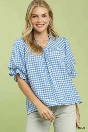 Umgee Gingham Check Blouse with Ruffle‎ Sleeves - Medium thumbnail 1