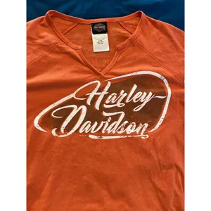 Harley Davidson T Shirt Orange & White Striped Sleeves Women XS Baton Rouge LA thumbnail 4