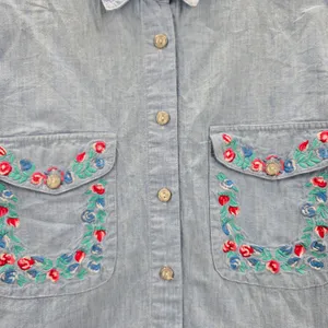 Blue Button Up Floral Embroidered Short Sleeve Vintage Y2K Short Top M Medium‎ thumbnail 5