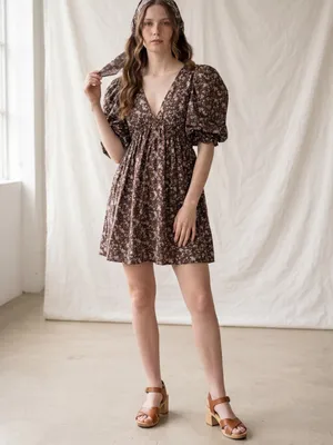 Millibon Brown Floral V-Neck Puff Sleeve mini cottagecore summer day Dress thumbnail 2