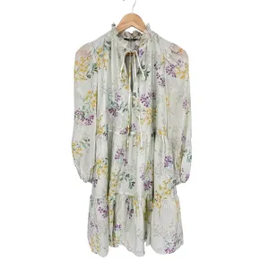Taylor Floral Tiered Smock Dress Small‎ Cream Yellow Purple Lyocell Coquette NWT thumbnail 3