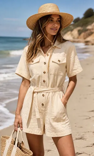 Crescent Cream Button-Up Utility Cotton Belted Romper Size Small‎ thumbnail 1