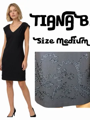 TIANA B. Black Floral Ribbon Appliqué V Neck Shift Dress Medium thumbnail 2