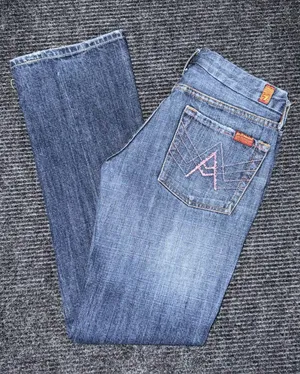 RARE VTG 7 For All Mankind Low Rise Pink Bling "A" Pocket Straight Jeans 28 USA thumbnail 1